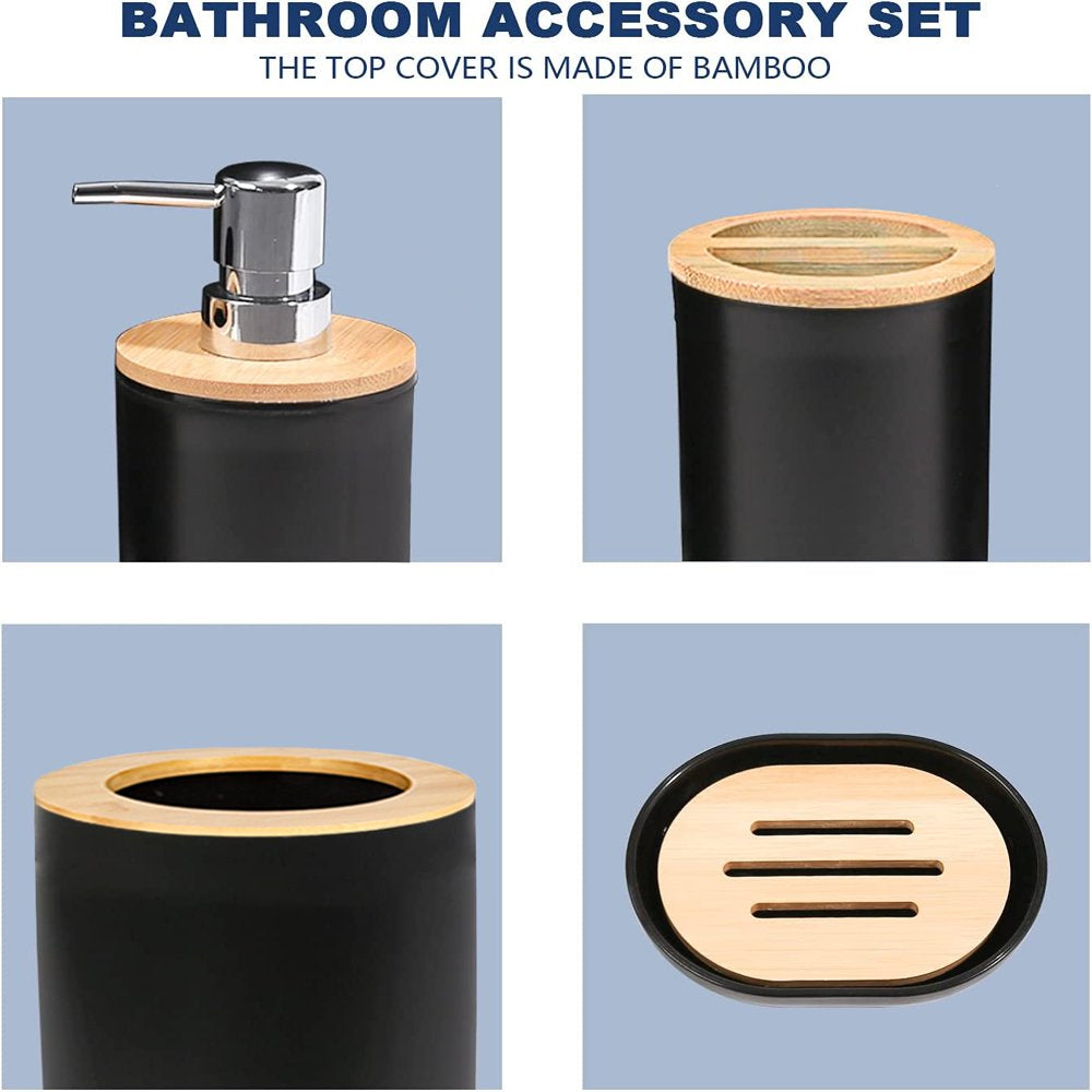 Skorter | 6 Piece Bath Set - Soap Dish Toothbrush Holder Rinsing Container Lotion Bottle Trash Can Toilet Brush - Practical Toilet Set for Home Laundry Room, Black