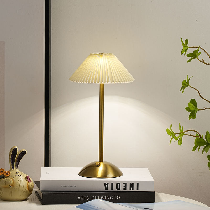 Skorter | Contemporary Scandinavian rechargeable iron fabric cone pleated LED table lamp for bedside