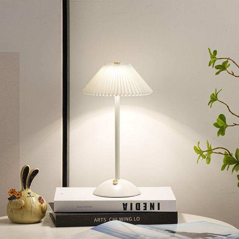 Skorter | Contemporary Scandinavian rechargeable iron fabric cone pleated LED table lamp for bedside