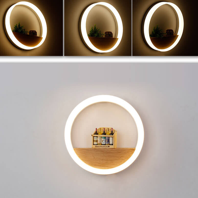 Skorter | Lumoshelf LED Wall Light | Solid Wood with Shelf | Round Wall Lamp | Warm & White Light
