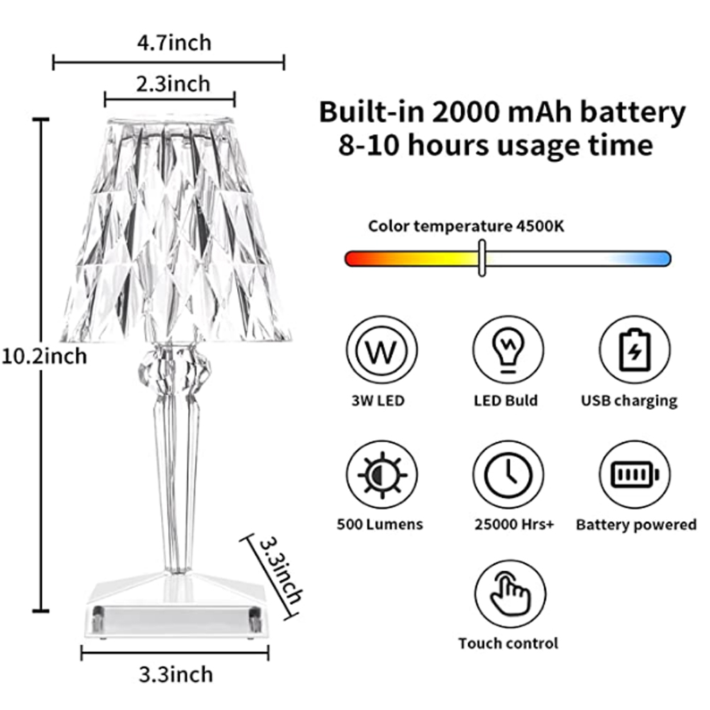 Skorter | CrystalGlow Touch lamp – Elegant Table Lamp with Touch Sensor and USB