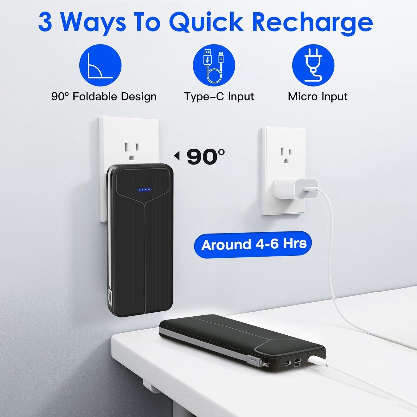 Skorter | 10000mAh Power Bank Portable Charger with US Plug 2 Built-in Cables External Battery Pack