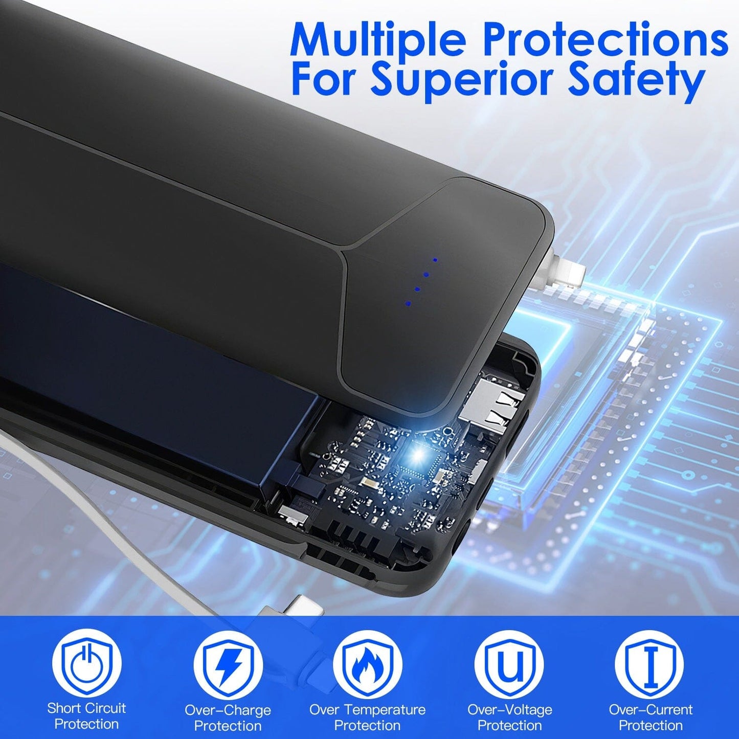Skorter | 10000mAh Power Bank Portable Charger with US Plug 2 Built-in Cables External Battery Pack
