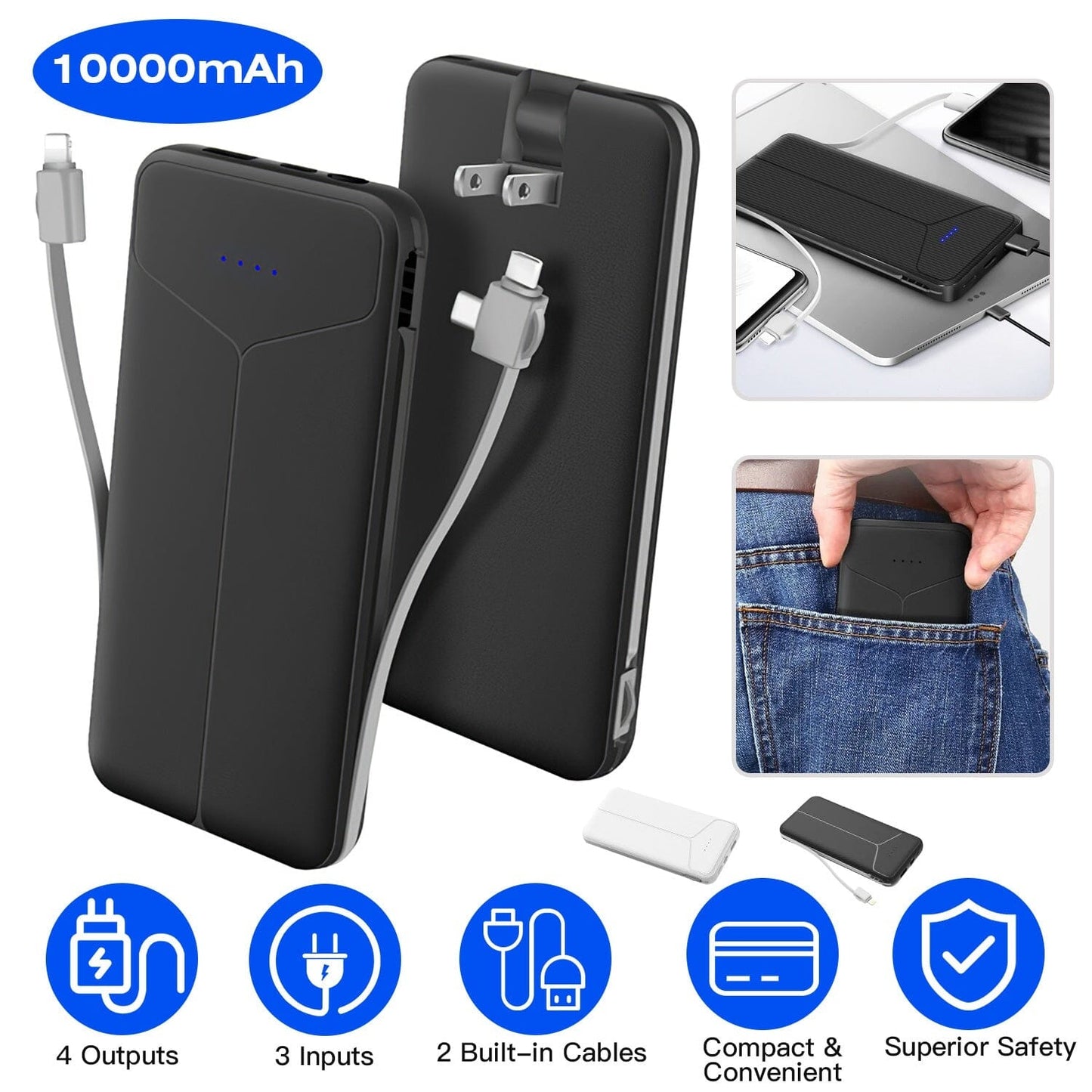 Skorter | 10000mAh Power Bank Portable Charger with US Plug 2 Built-in Cables External Battery Pack
