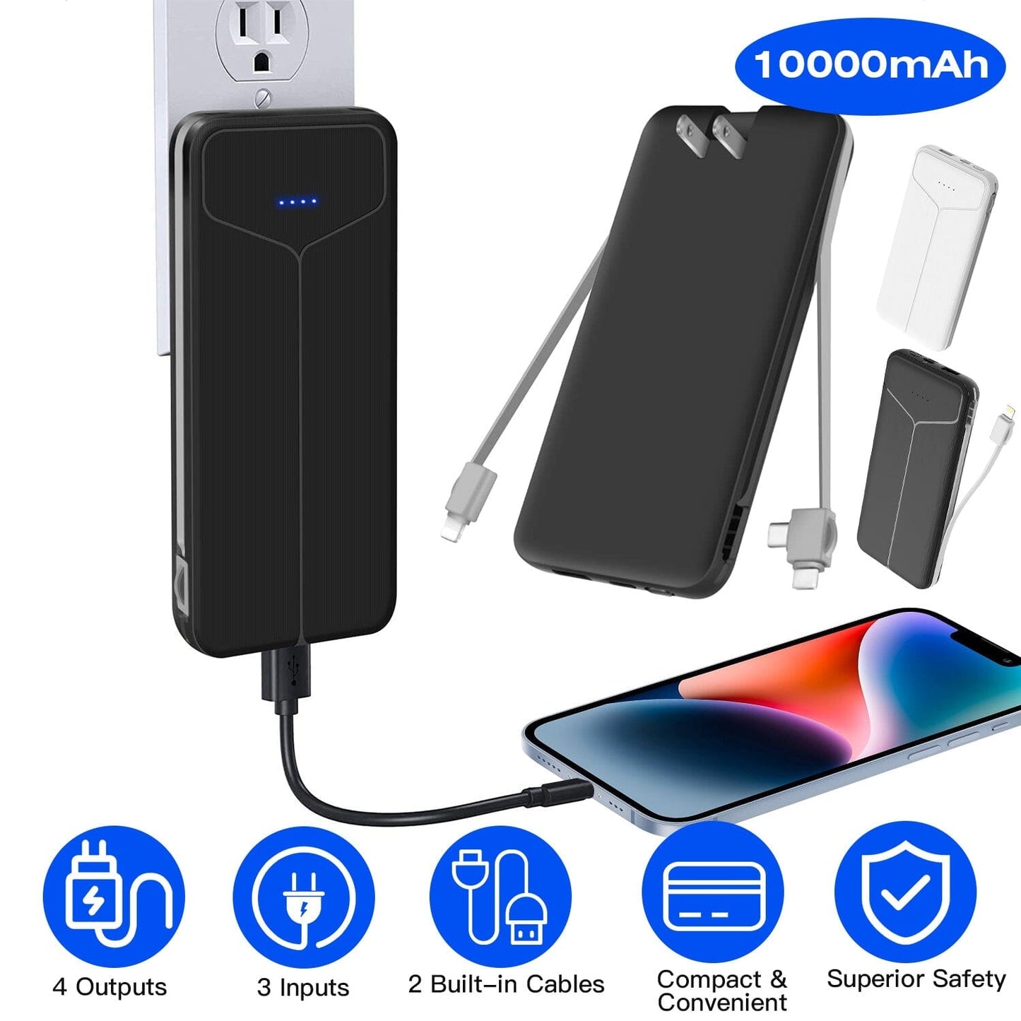 Skorter | 10000mAh Power Bank Portable Charger with US Plug 2 Built-in Cables External Battery Pack