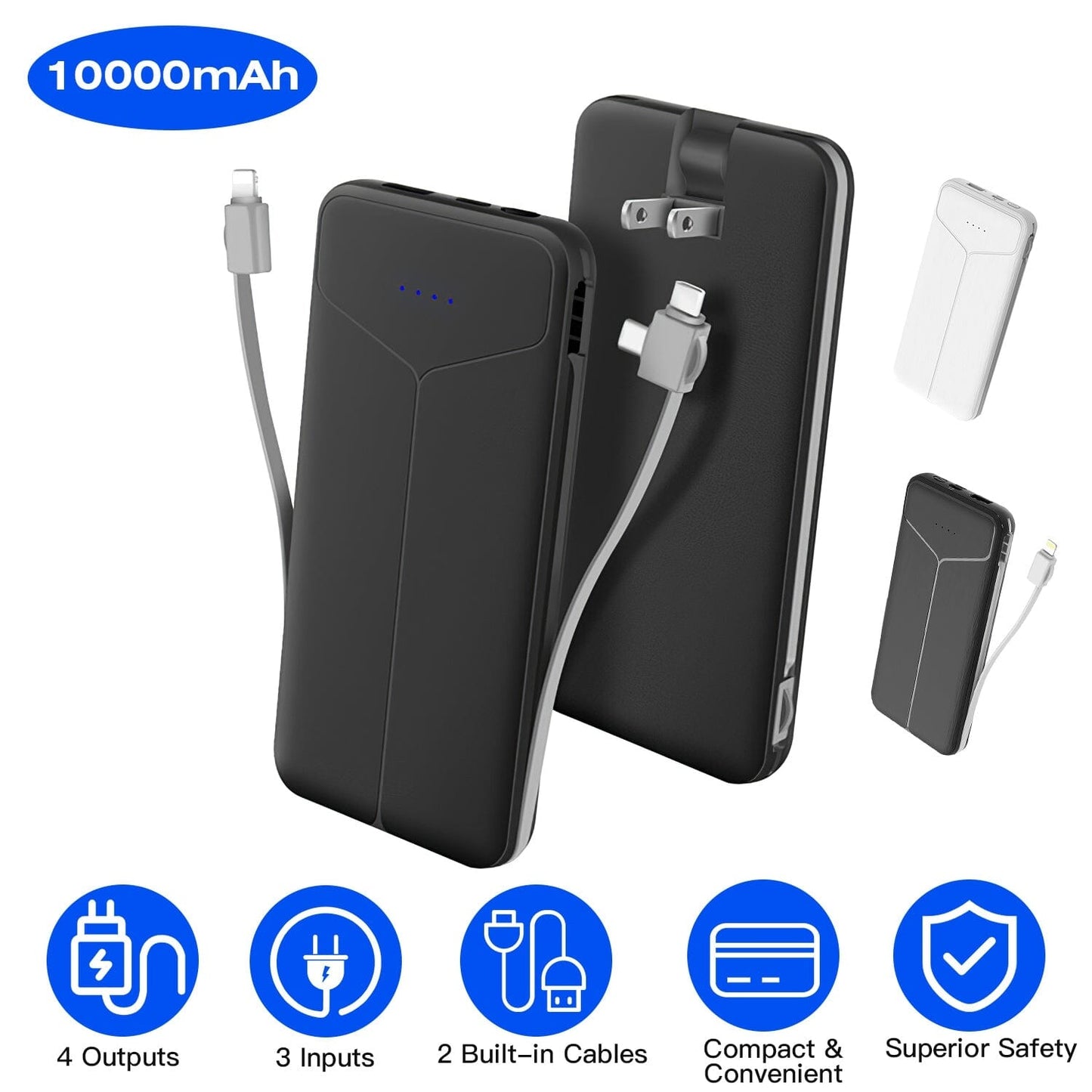 Skorter | 10000mAh Power Bank Portable Charger with US Plug 2 Built-in Cables External Battery Pack