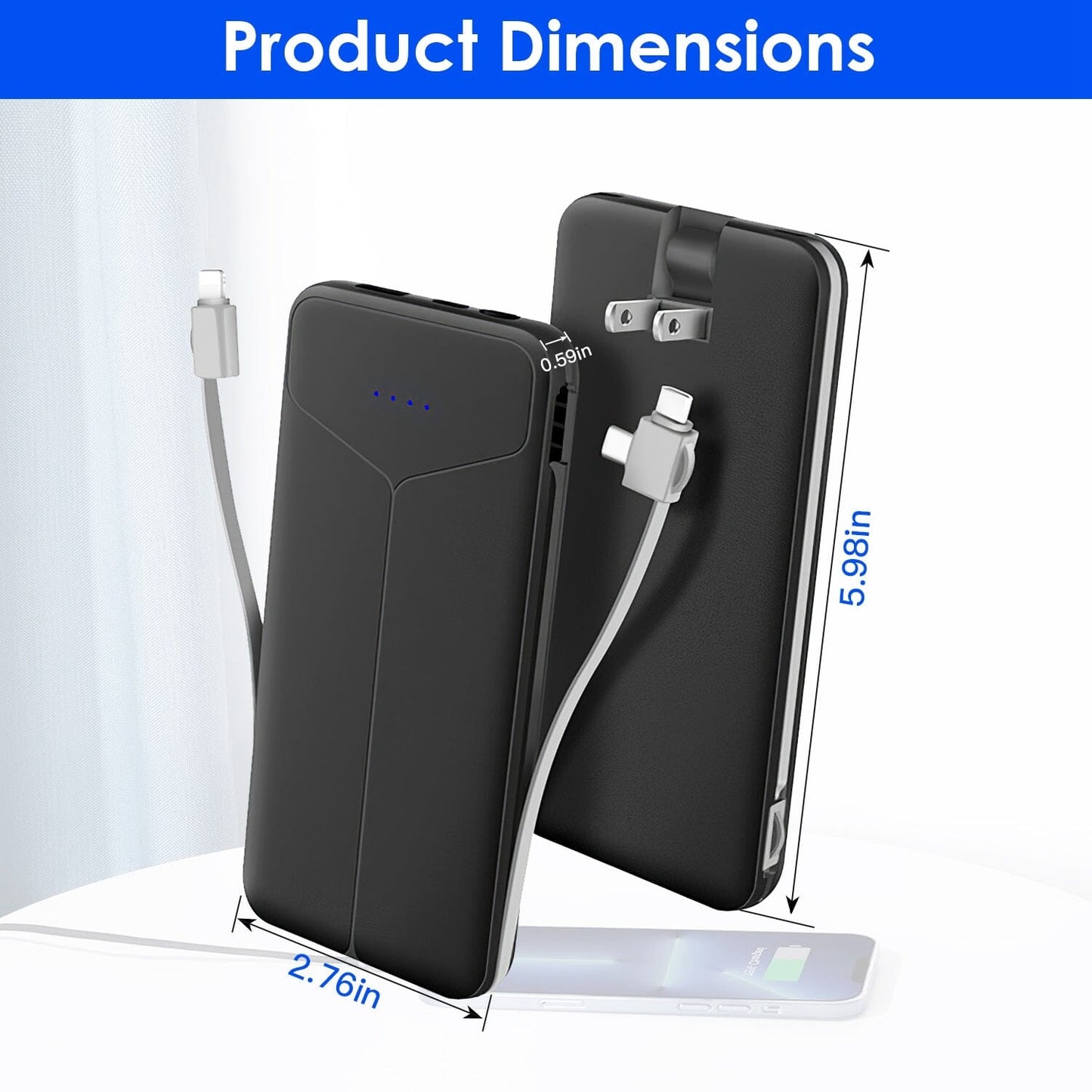 Skorter | 10000mAh Power Bank Portable Charger with US Plug 2 Built-in Cables External Battery Pack
