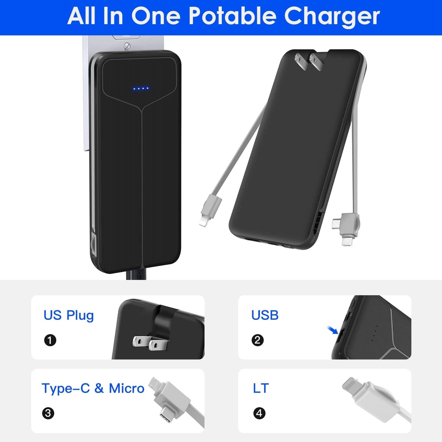 Skorter | 10000mAh Power Bank Portable Charger with US Plug 2 Built-in Cables External Battery Pack