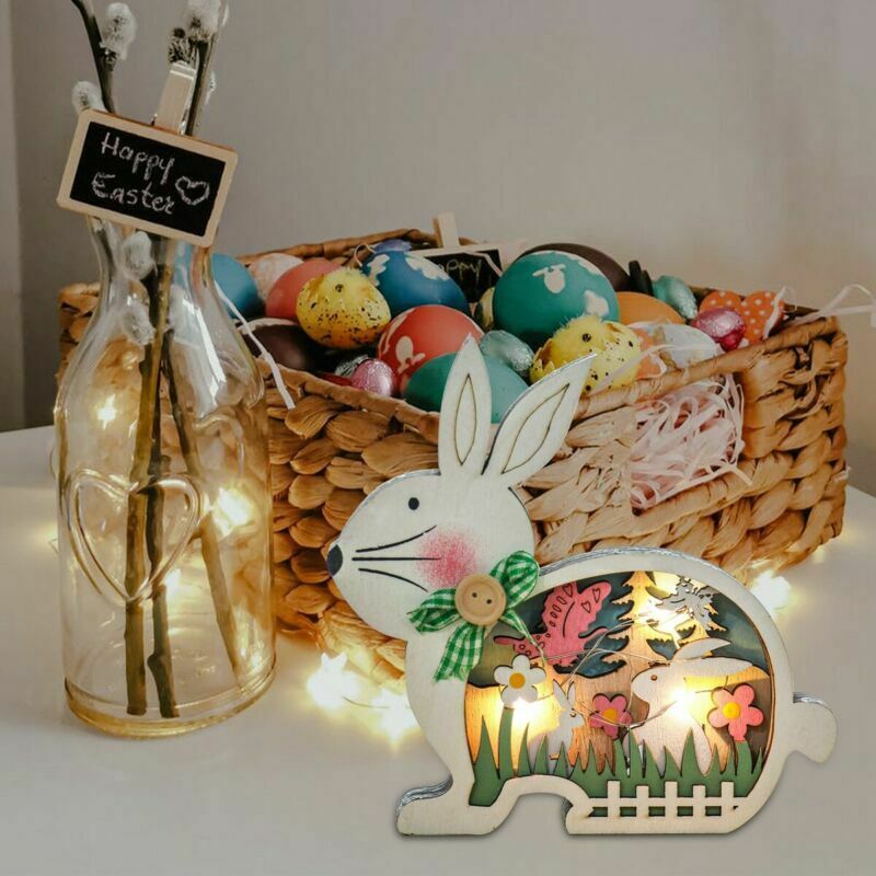 skorter | Easter Wooden Ornaments With LED Light Bunny Table Easter Decorations