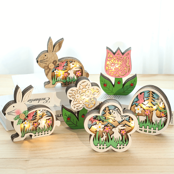 skorter | Easter Wooden Ornaments With LED Light Bunny Table Easter Decorations