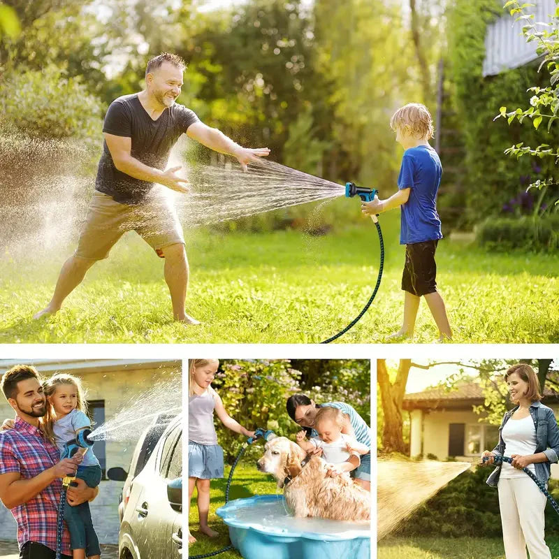 Skorter | 100ft Lightweight & No-Kink Flexible Garden Hose - 8 Function Nozzle, 3/4 Inch Solid Brass Fittings