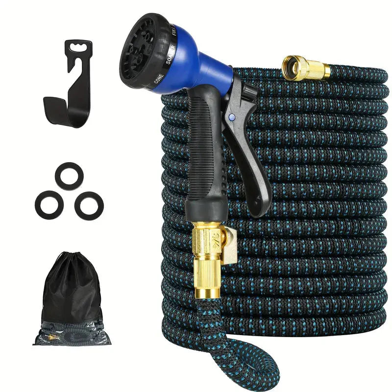 Skorter | 100ft Lightweight & No-Kink Flexible Garden Hose - 8 Function Nozzle, 3/4 Inch Solid Brass Fittings