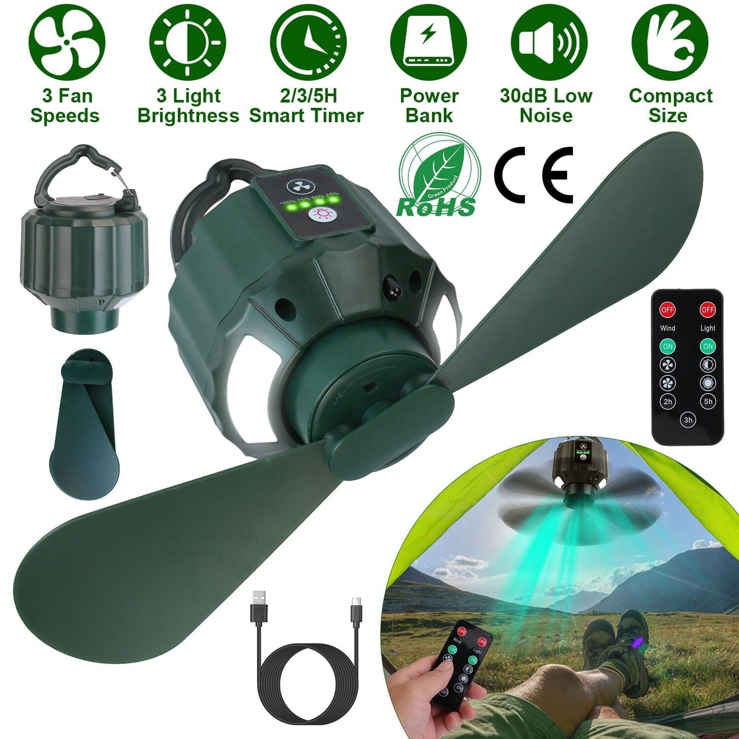 Skorter | 10400mAh USB Battery Powered Hanging Tent Lantern Fan Power Bank