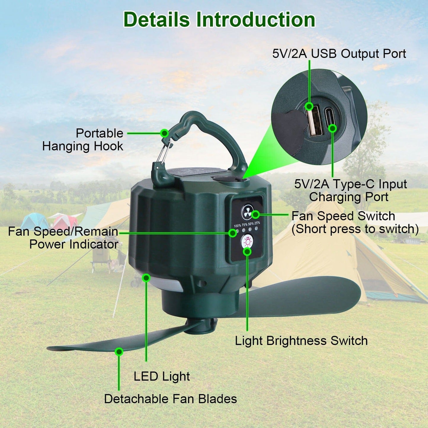 Skorter | 10400mAh USB Battery Powered Hanging Tent Lantern Fan Power Bank