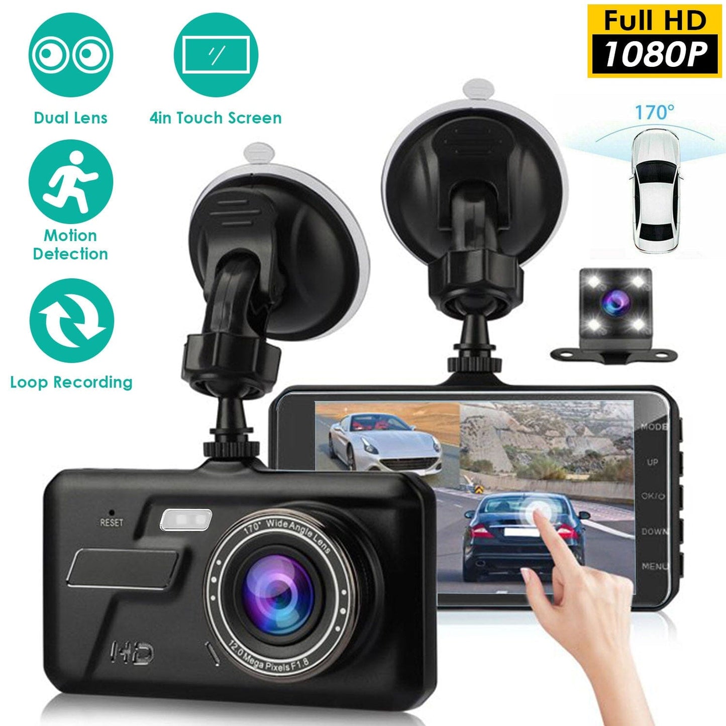 Skorter | 1080P 4-inch touchscreen dual dash cam