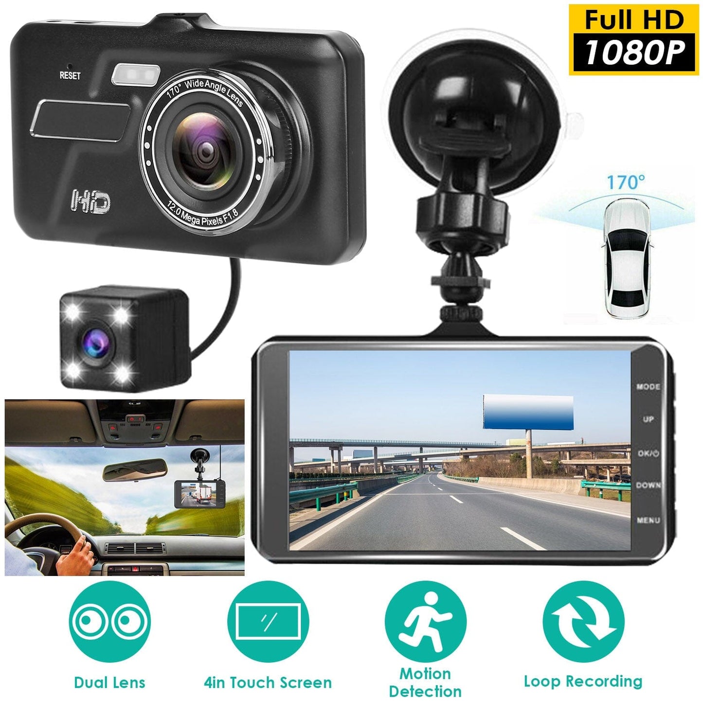 Skorter | 1080P 4-inch touchscreen dual dash cam