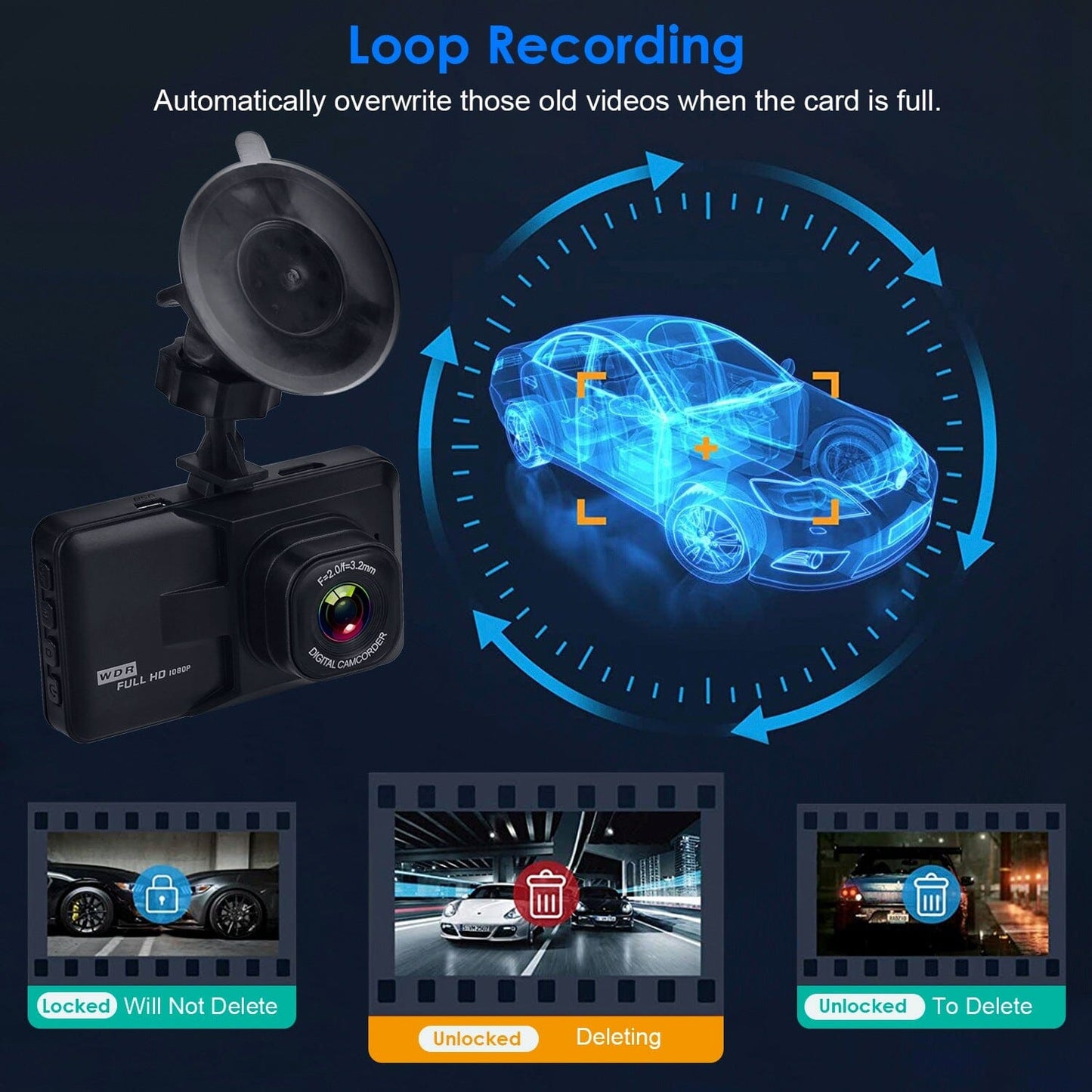 Skorter | 1080P Car DVR 3" Camera Dash Cam with 100° Angle Loop Recording Motion Detection