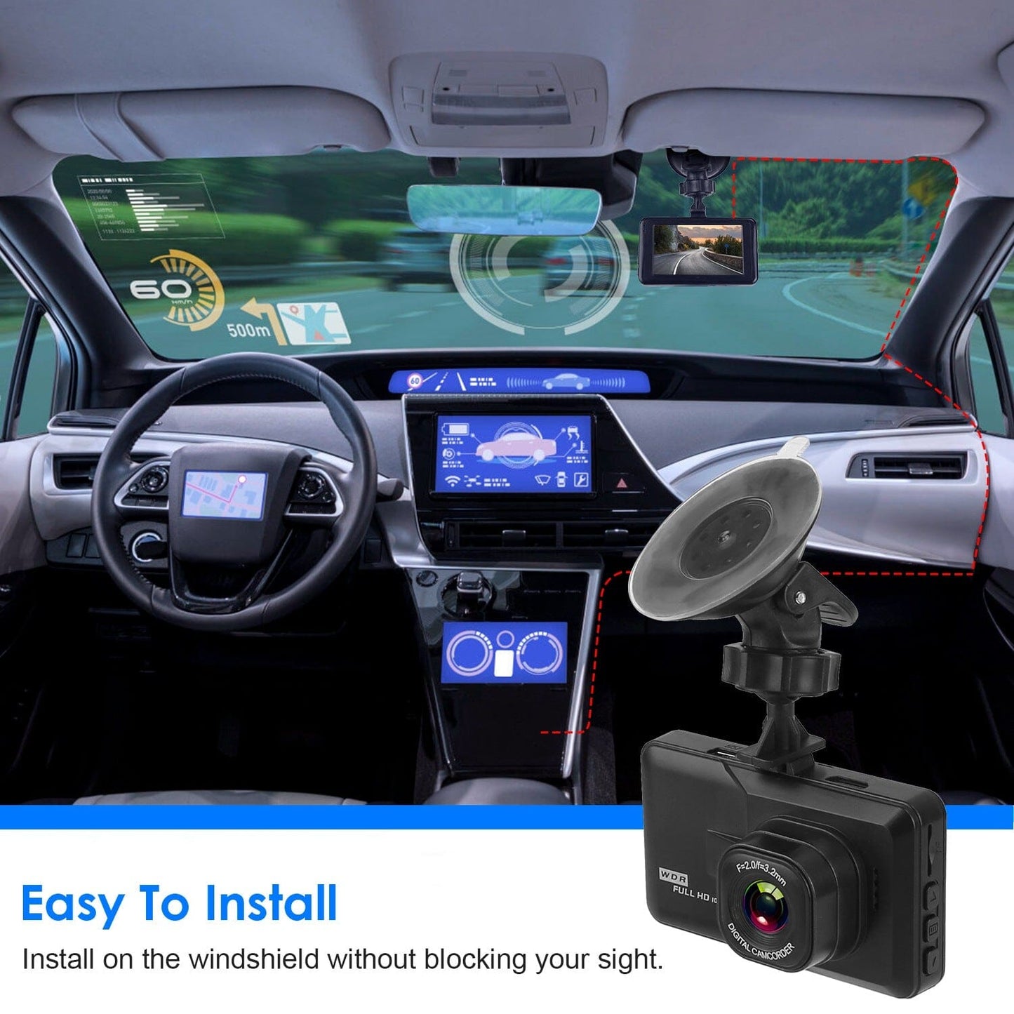 Skorter | 1080P Car DVR 3" Camera Dash Cam with 100° Angle Loop Recording Motion Detection