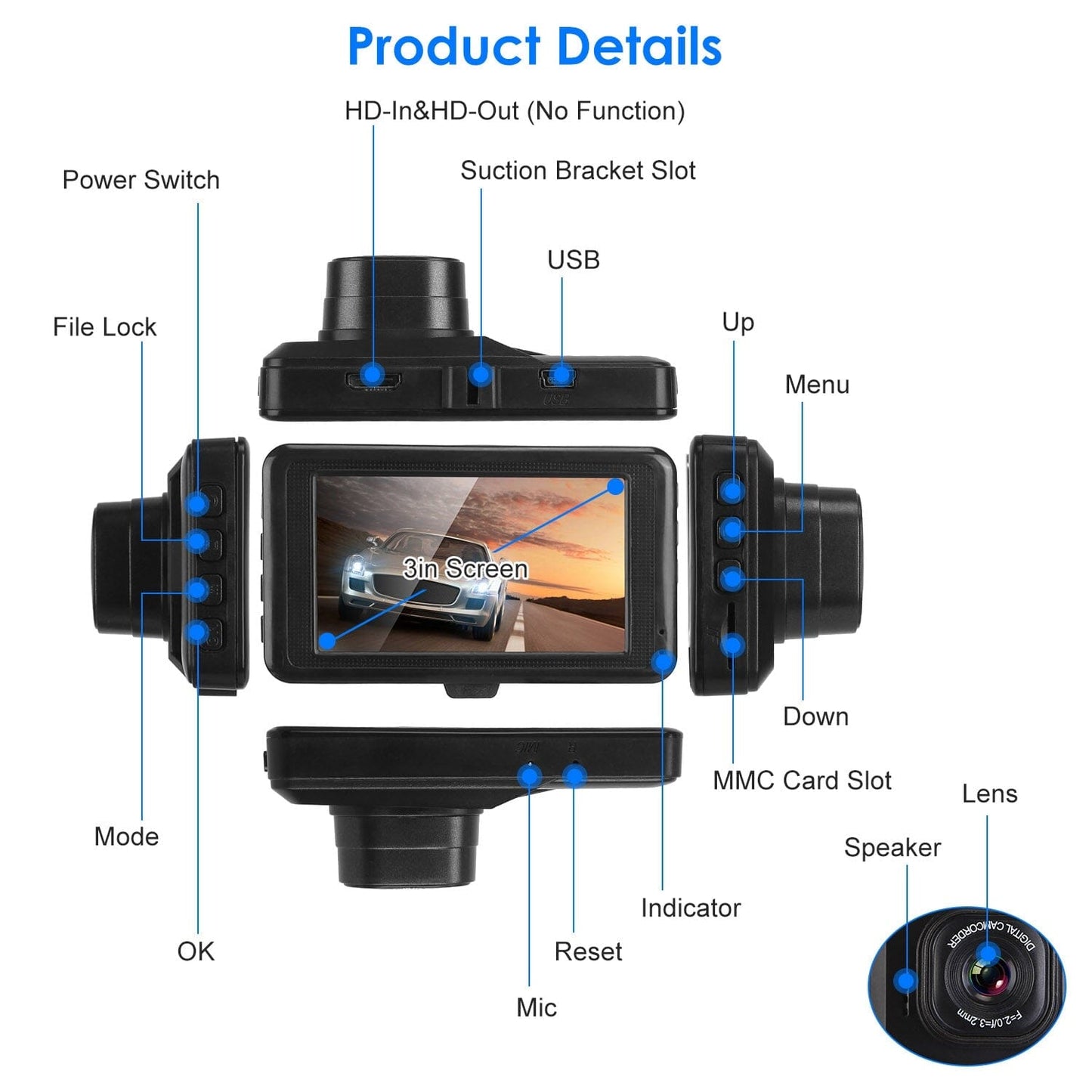 Skorter | 1080P Car DVR 3" Camera Dash Cam with 100° Angle Loop Recording Motion Detection