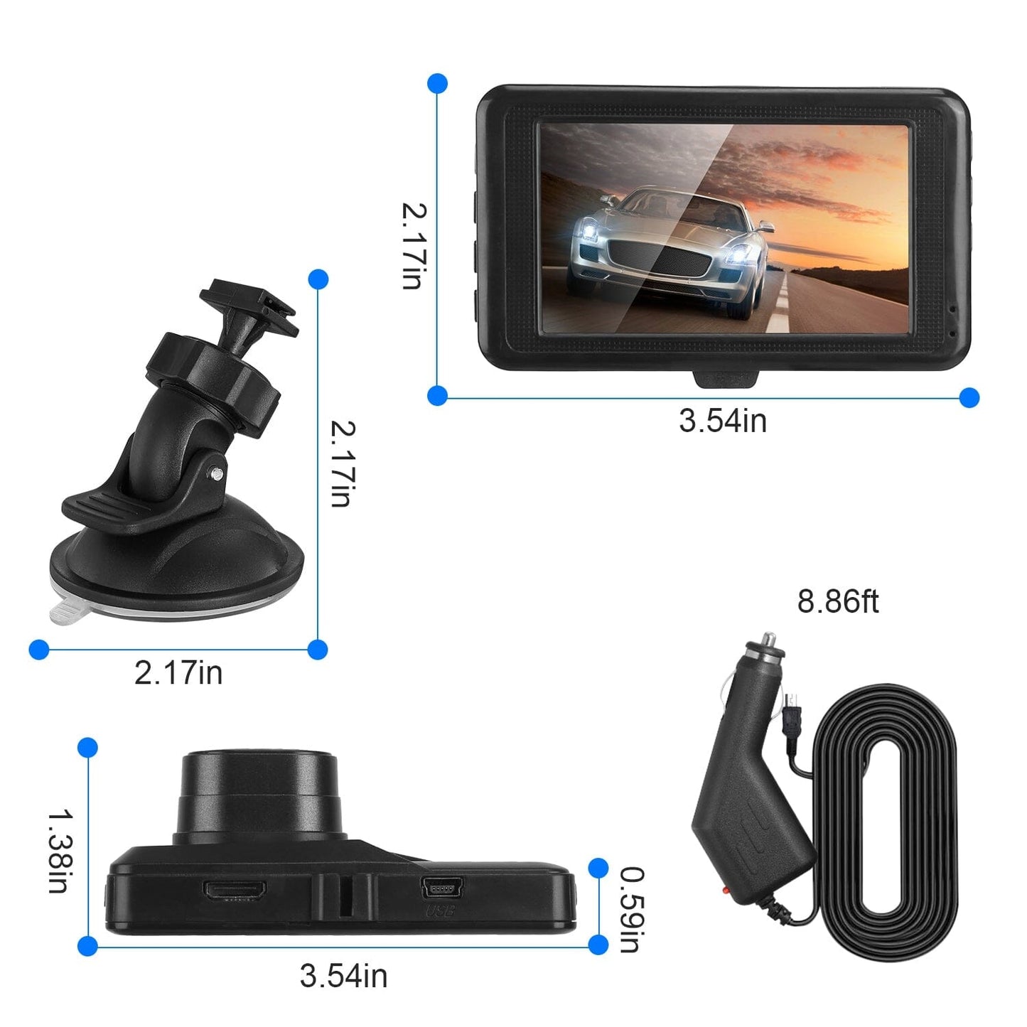 Skorter | 1080P Car DVR 3" Camera Dash Cam with 100° Angle Loop Recording Motion Detection