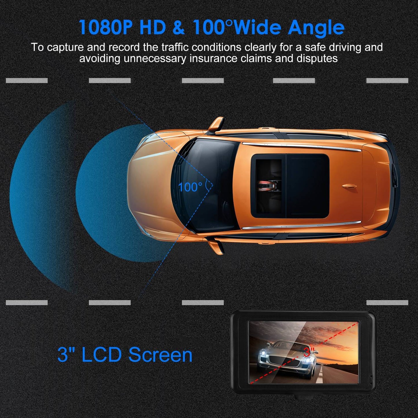 Skorter | 1080P Car DVR 3" Camera Dash Cam with 100° Angle Loop Recording Motion Detection