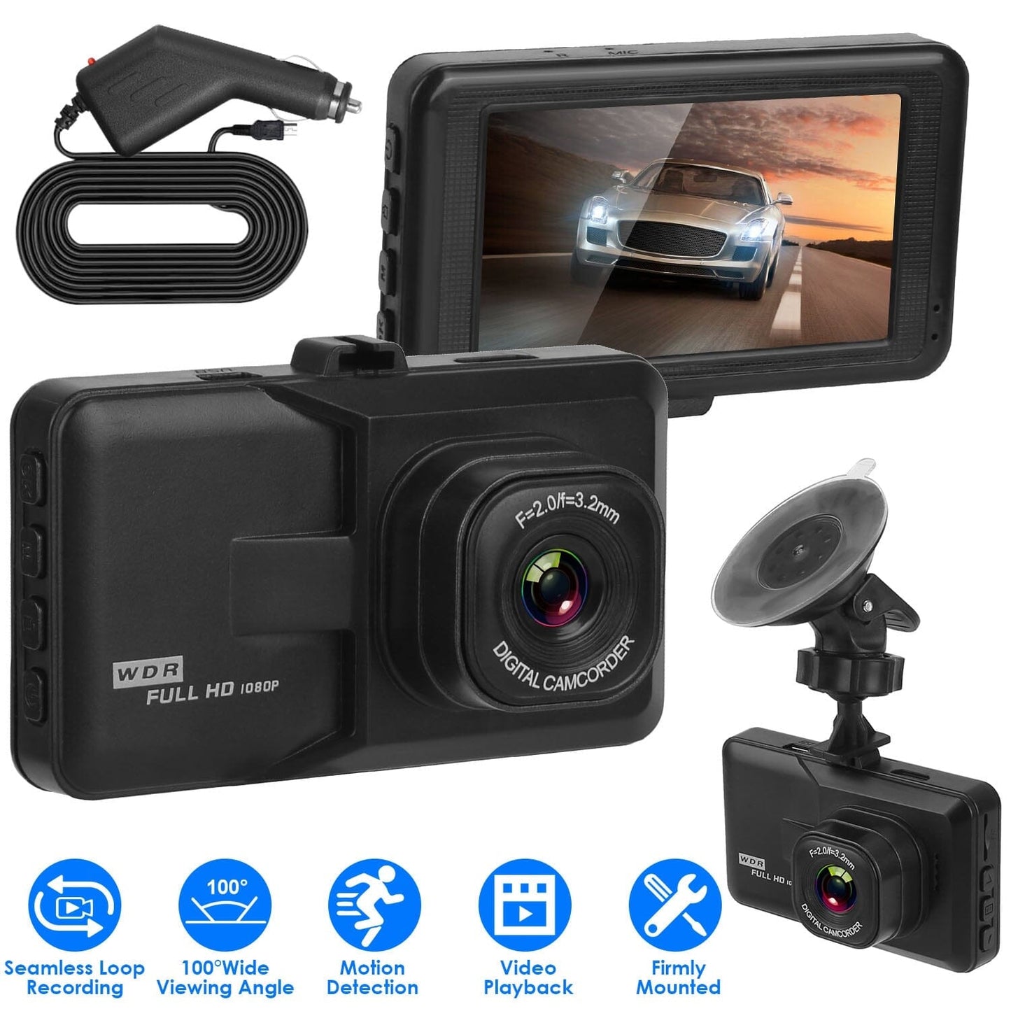 Skorter | 1080P Car DVR 3" Camera Dash Cam with 100° Angle Loop Recording Motion Detection