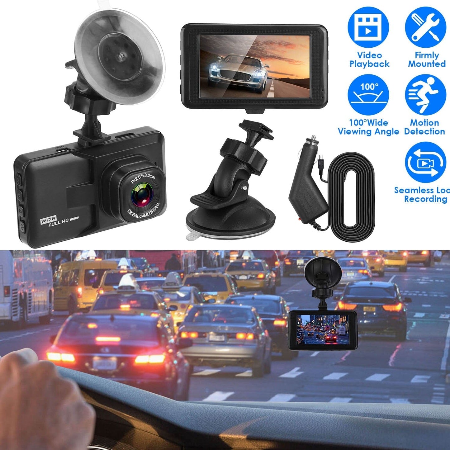 Skorter | 1080P Car DVR 3" Camera Dash Cam with 100° Angle Loop Recording Motion Detection