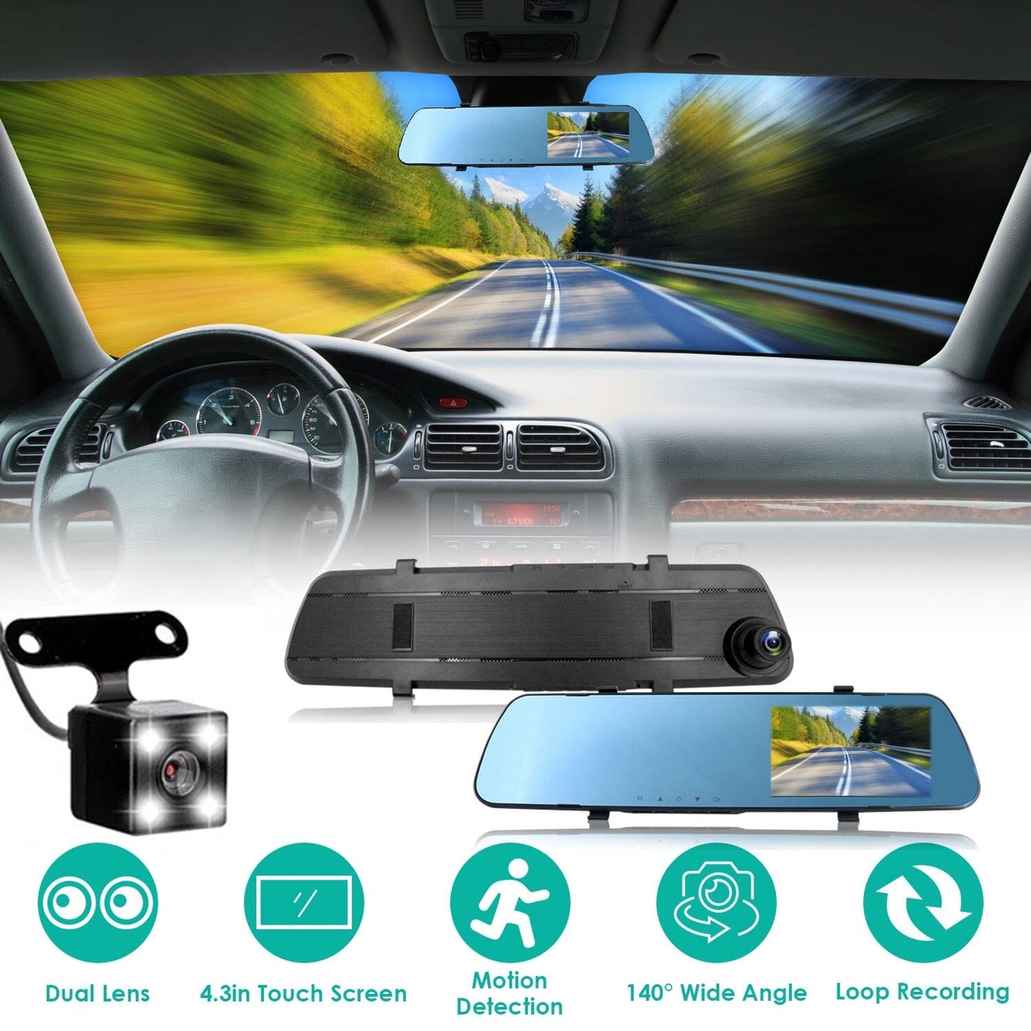 Skorter | 1080P Car DVR 4.3 inch Dash Cam with 140° Angle Loop Recording