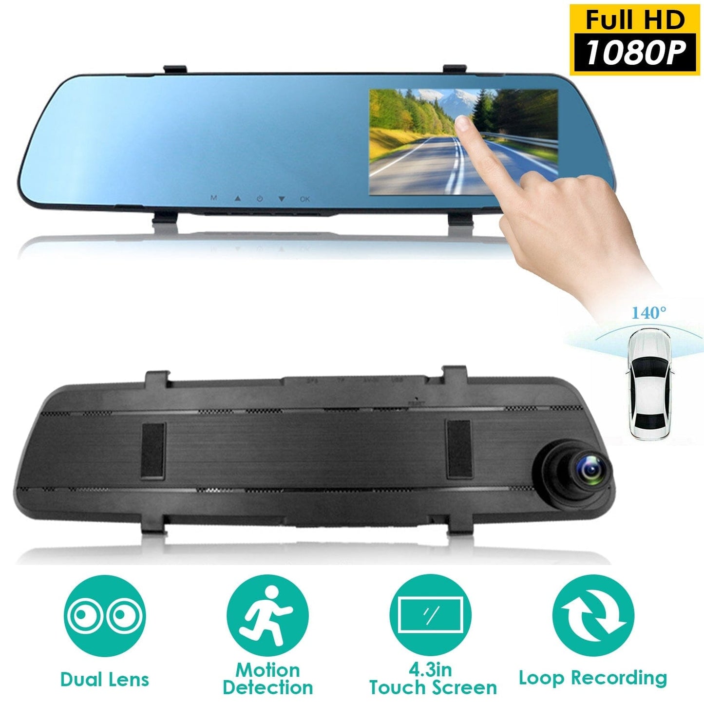Skorter | 1080P Car DVR 4.3 inch Dash Cam with 140° Angle Loop Recording