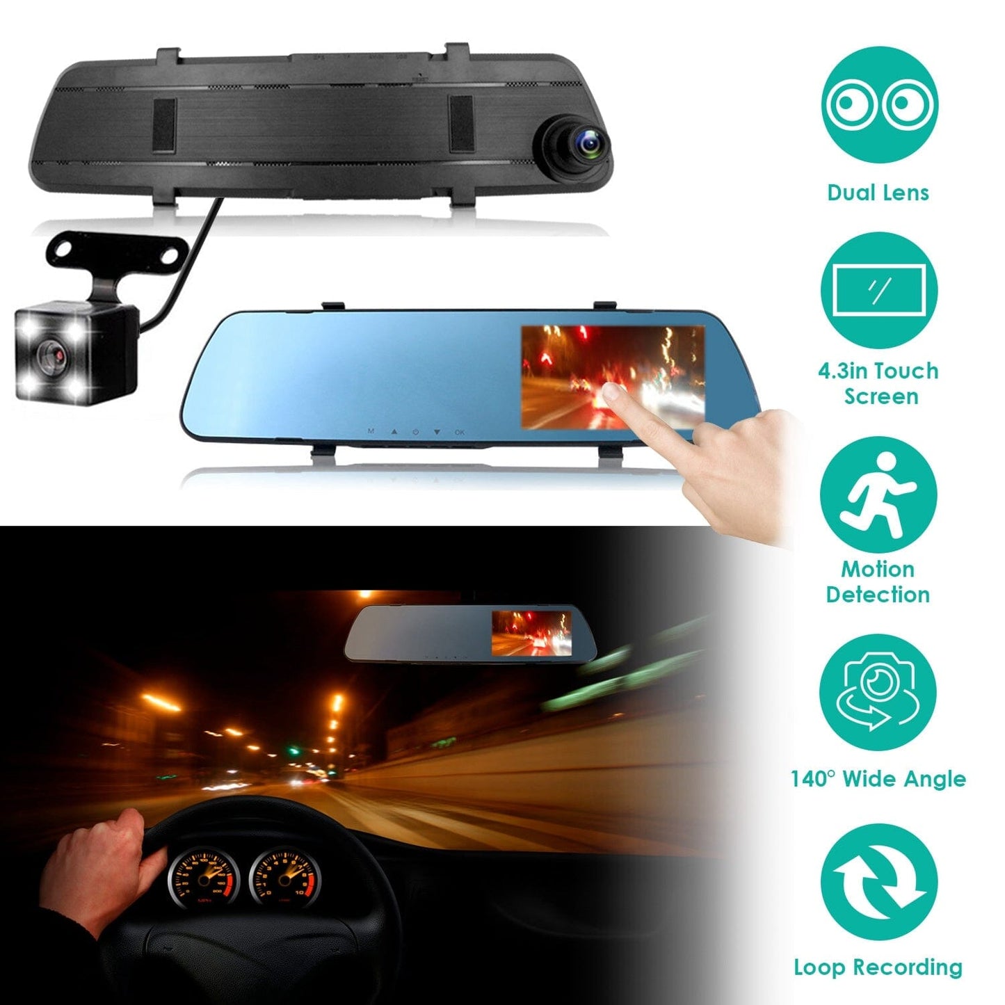 Skorter | 1080P Car DVR 4.3 inch Dash Cam with 140° Angle Loop Recording