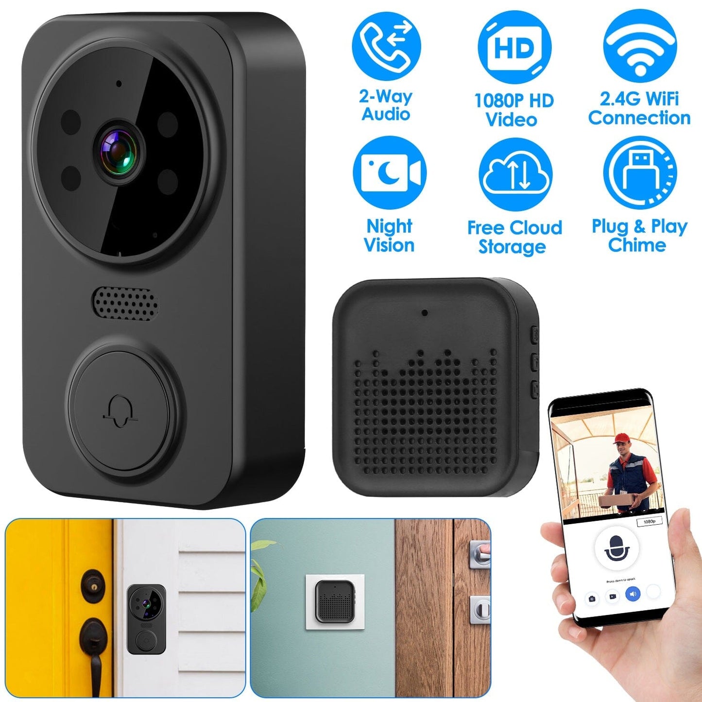 Skorter | 1080P WiFi Security Doorbell Camera 2 Way Audio Free Cloud Storage