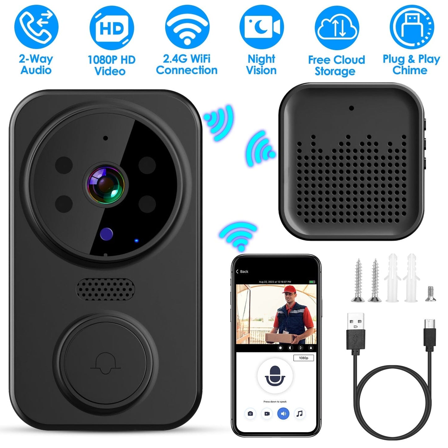Skorter | 1080P WiFi Security Doorbell Camera 2 Way Audio Free Cloud Storage