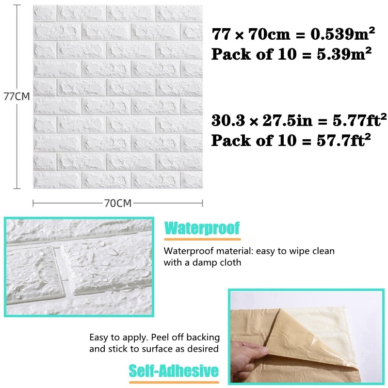 Skorter | 10pcs 3D Wall Sticker Imitation Tile Bedroom Decoration Water Resistant Self Adhesive Wallpaper For Living Room Kitchen TV Background