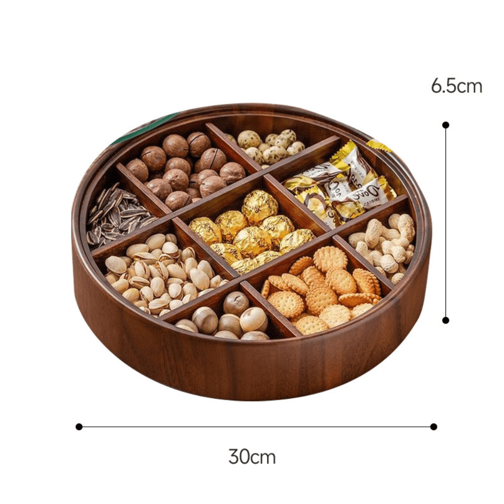 Skorter | BambooSpin – 9-Compartment Serving Tray with Rotating Lid | Premium Bamboo Snack Platter