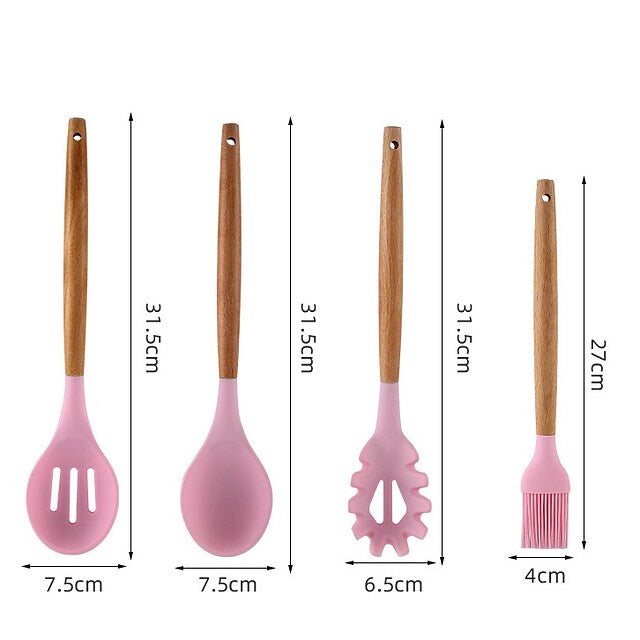 Skorter | 12 Pieces: Wooden Handle Silicone Kitchen Utensils