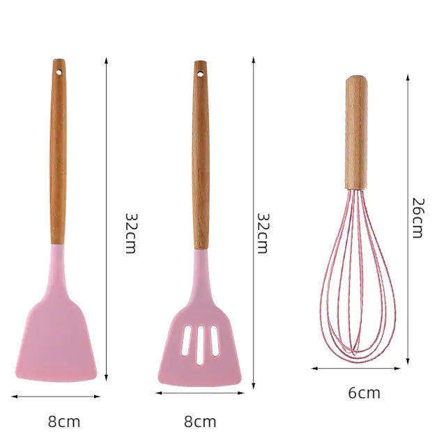 Skorter | 12 Pieces: Wooden Handle Silicone Kitchen Utensils