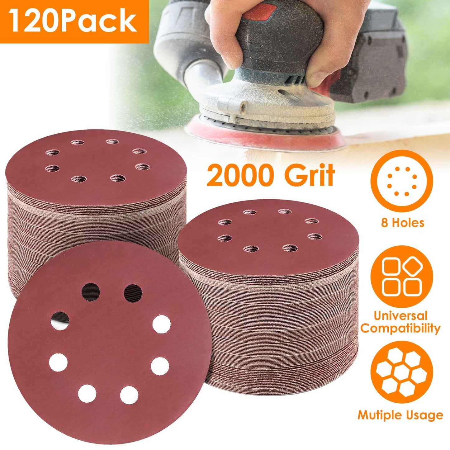 Skorter | 120-pack: 5-inch 8 hole round sandpaper