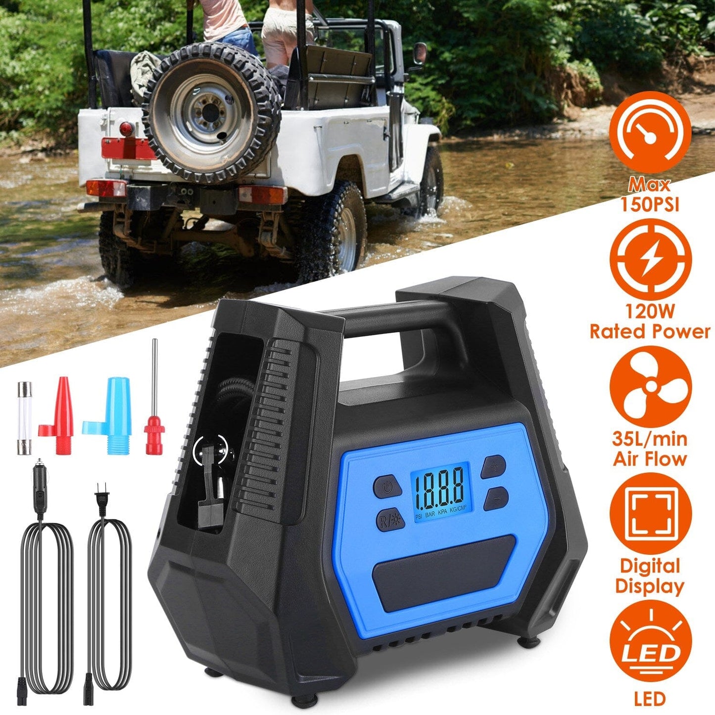 Skorter | 120W Max Power Portable Tire Pump with Digital Display LED Light