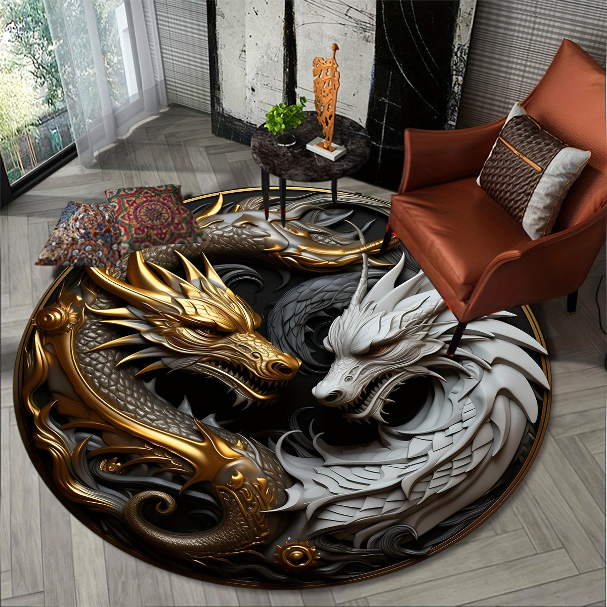 Skorter | 1pc Dragon Element Floor Carpet - Non-Slip Lounge Mat, Decorative Round Rug