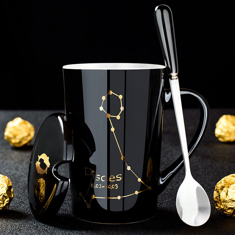 skorter | 12 constellations black ceramic mug with lid spoon