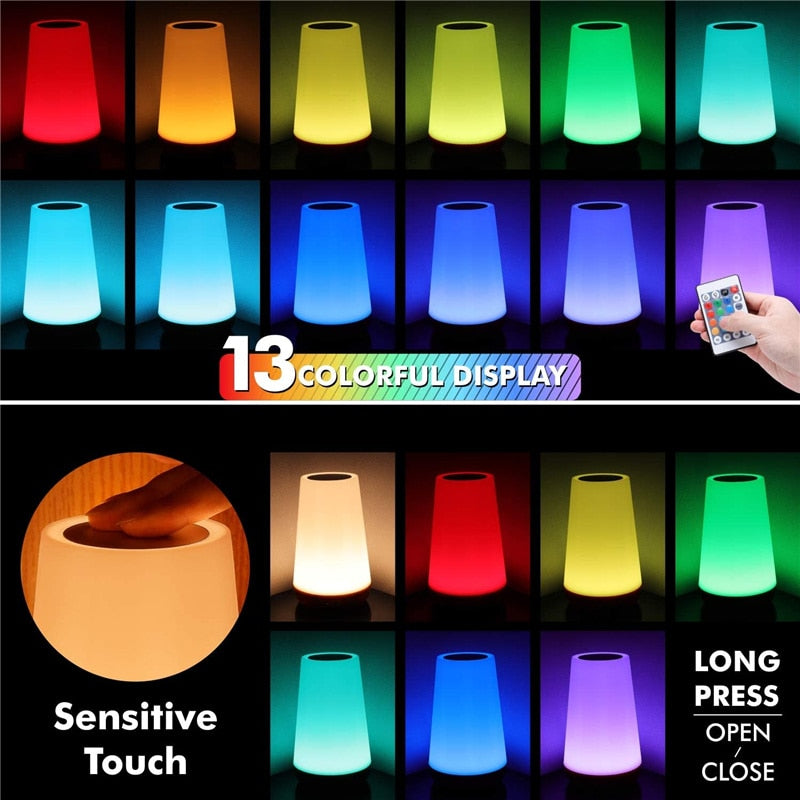Skorter | 13 Color Changing Night Light RGB Remote Control Touch Dimmable Lamp Portable Table Night Light USB Rechargeable Night Light