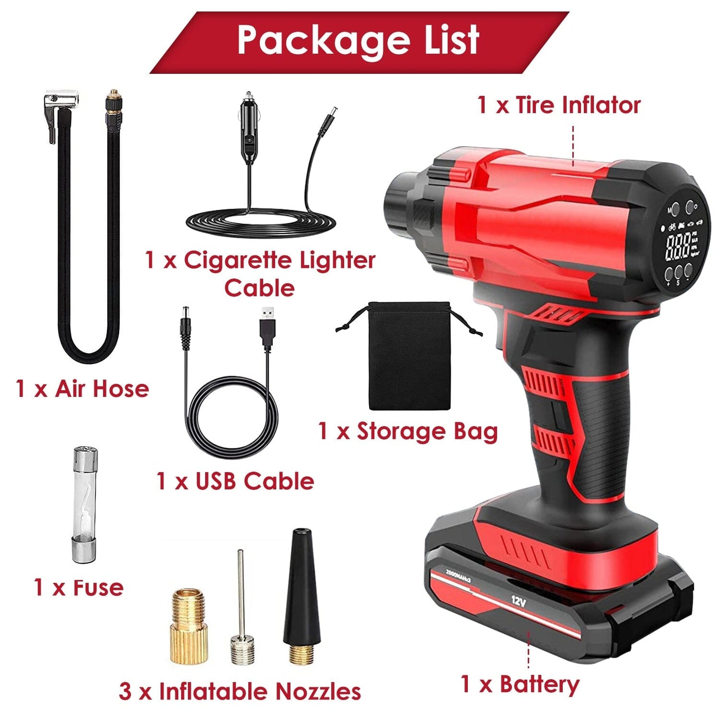 Skorter | 150 PSI 12V Portable Wireless Tire Pump 6000mAh Rechargeable with LED Light