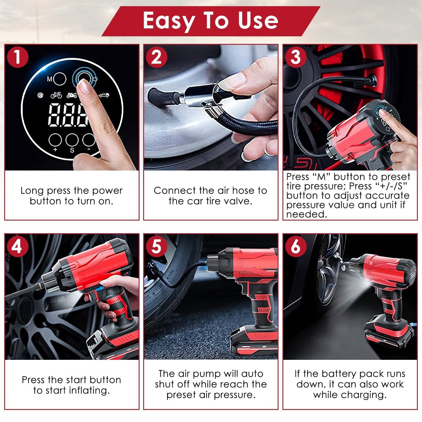 Skorter | 150 PSI 12V Portable Wireless Tire Pump 6000mAh Rechargeable with LED Light