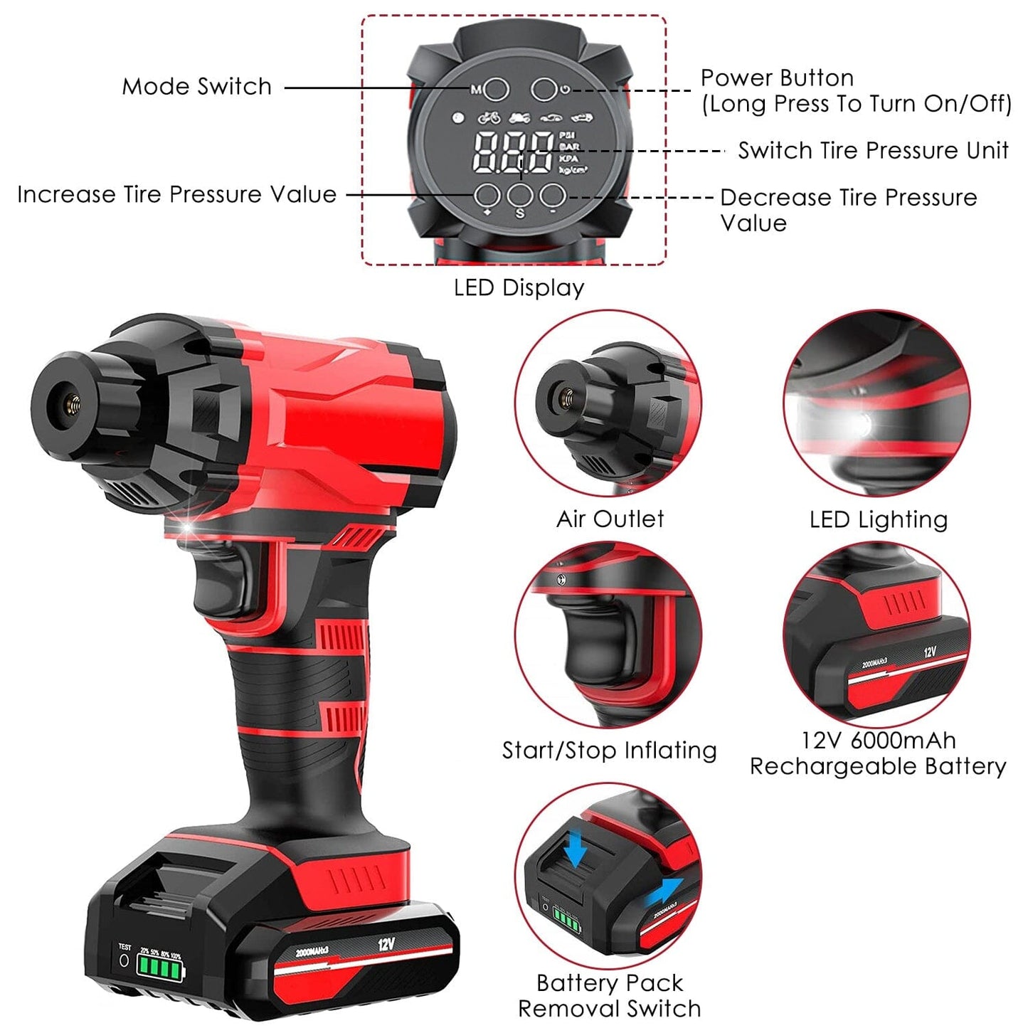 Skorter | 150 PSI 12V Portable Wireless Tire Pump 6000mAh Rechargeable with LED Light