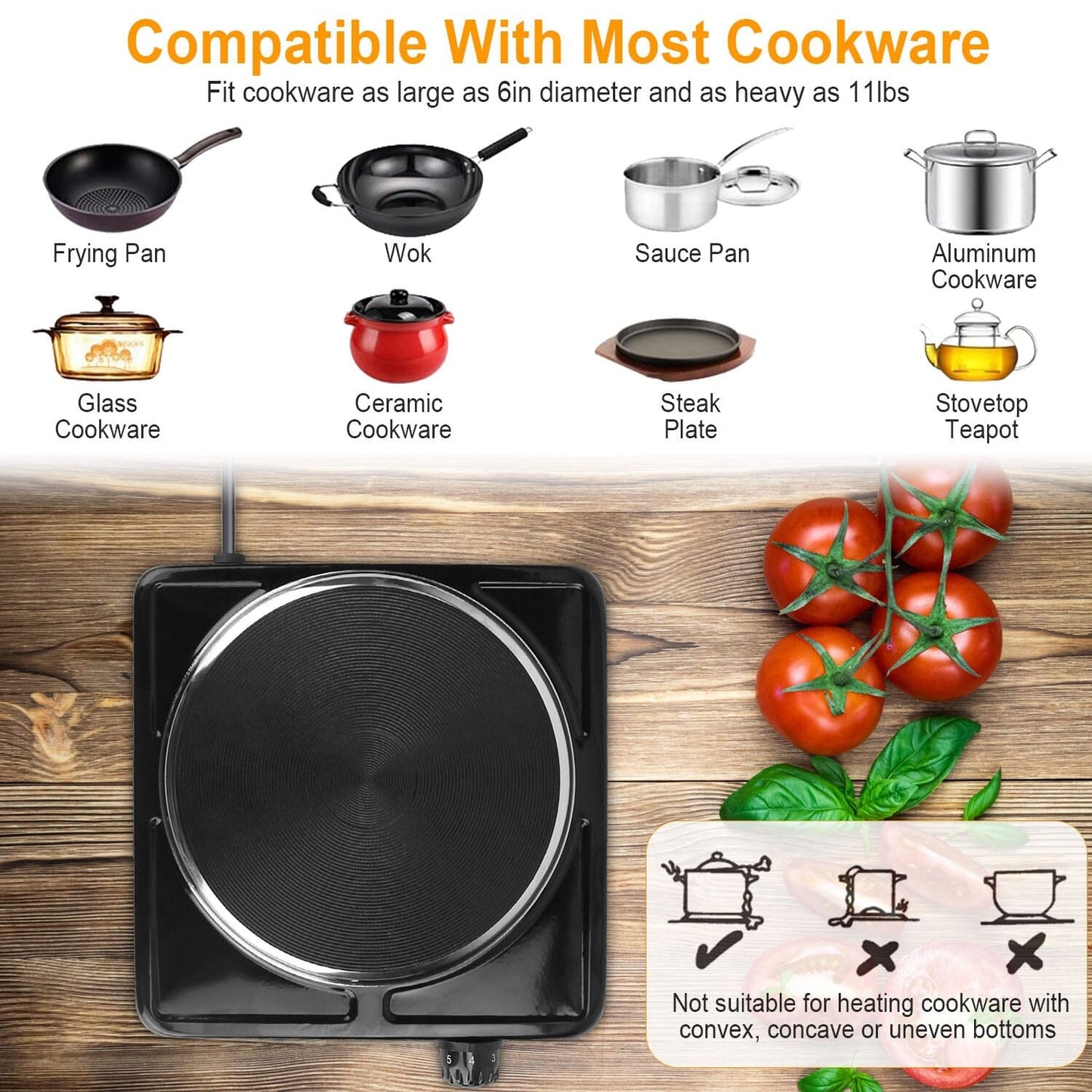 Skorter | 1500W Portable Hot Plate Cooker Countertop with Slip-Resistant Rubber