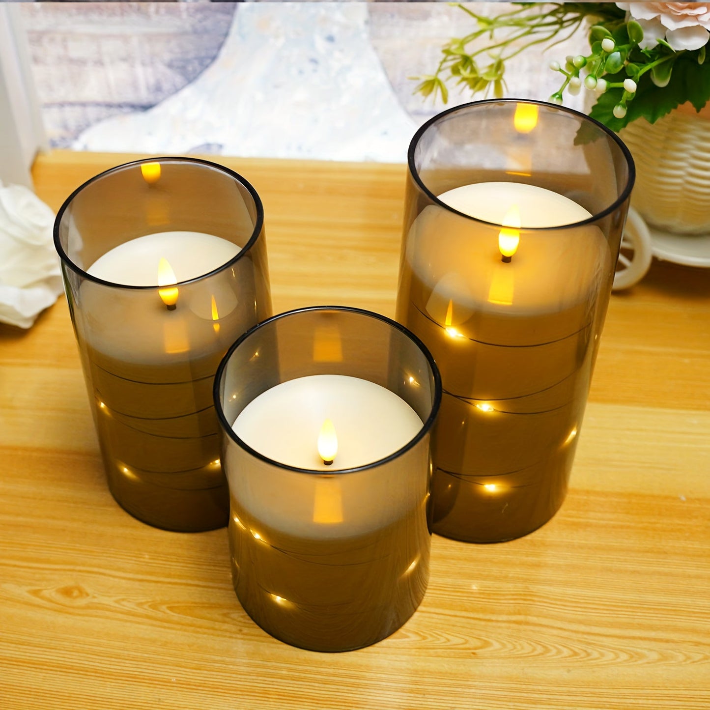 Skorter | Flameless LED Candle Holders With Star Shaped Light Chain – 3-Pack Gray (D3*H10.16cm12.7cm15.24cm) Included Remote Control & Timer