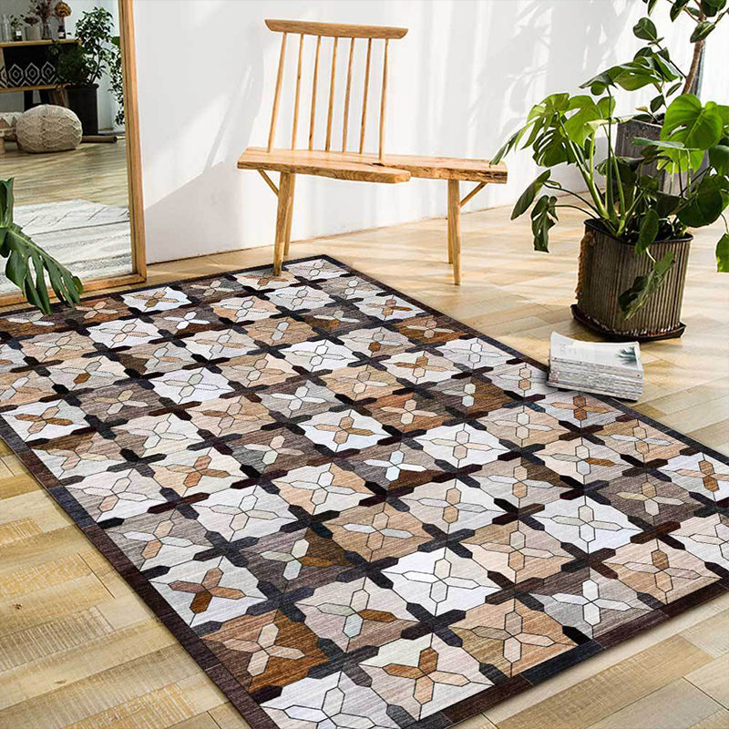Skorter | Brown Moroccan Carpet Polyester Controlled Pattern Carpet Washable Non-Slip Backing Carpet for Living Room