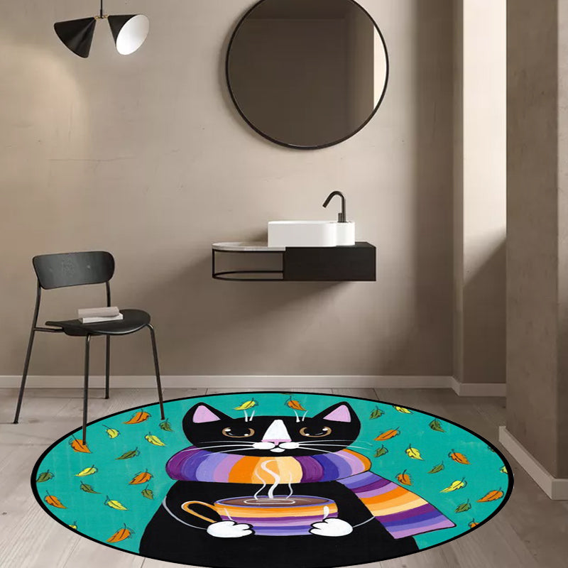 Skorter | Blue and Green Children's Room Rug Children's Animal Dress Cat Leaf Pattern Rug Polyester Washable Rug