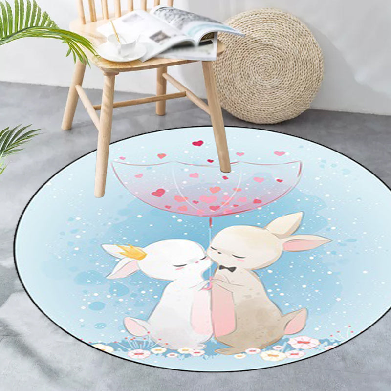 Skorter | Blue and Pink Children's Room Carpet Child Animal Horse Rabbit Pattern Carpet Polyester Non-Slip Back Carpet