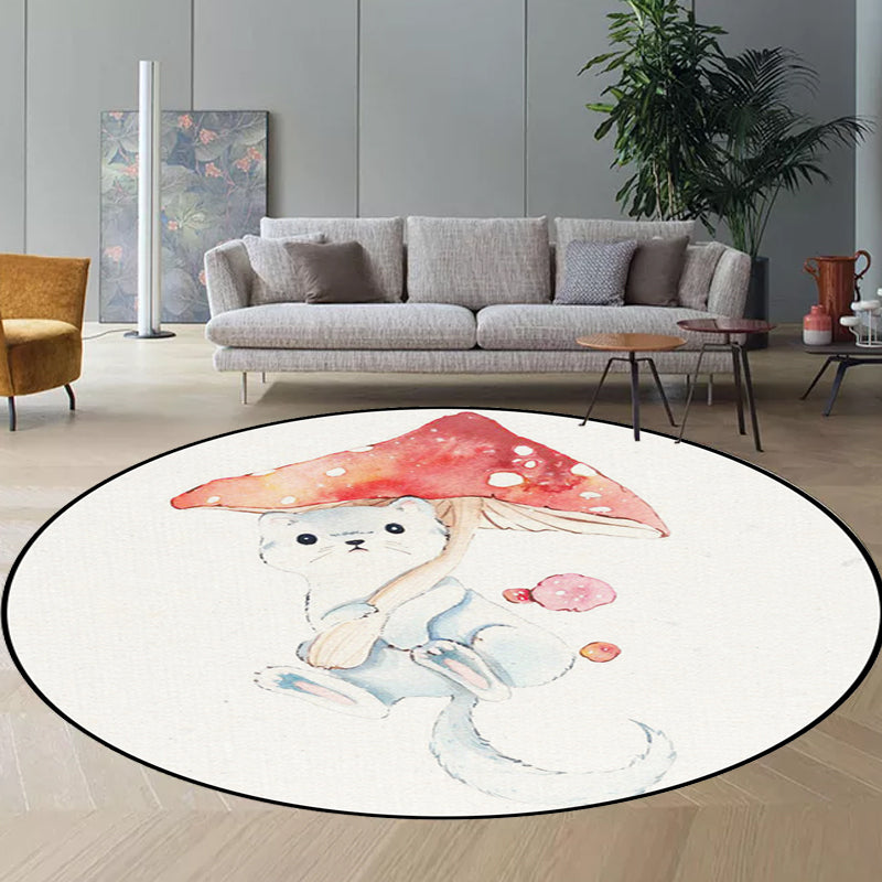 Skorter | Children's Room Rug in White Animal Fox Koala Alpaca Print Rug Polyester Pet Friendly Washable Area Rug